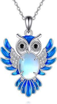 wholesale 925 Sterling Silver Blue Moonstone Owl Pendant Necklace-owl necklace