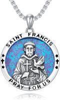 wholesale 925 Sterling Silver Round Blue Opal St Francis of Assisi Medal Prayer Necklace-0-0