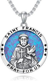 wholesale 925 Sterling Silver Round Blue Opal St Francis of Assisi Medal Prayer Necklace-Saint Francis