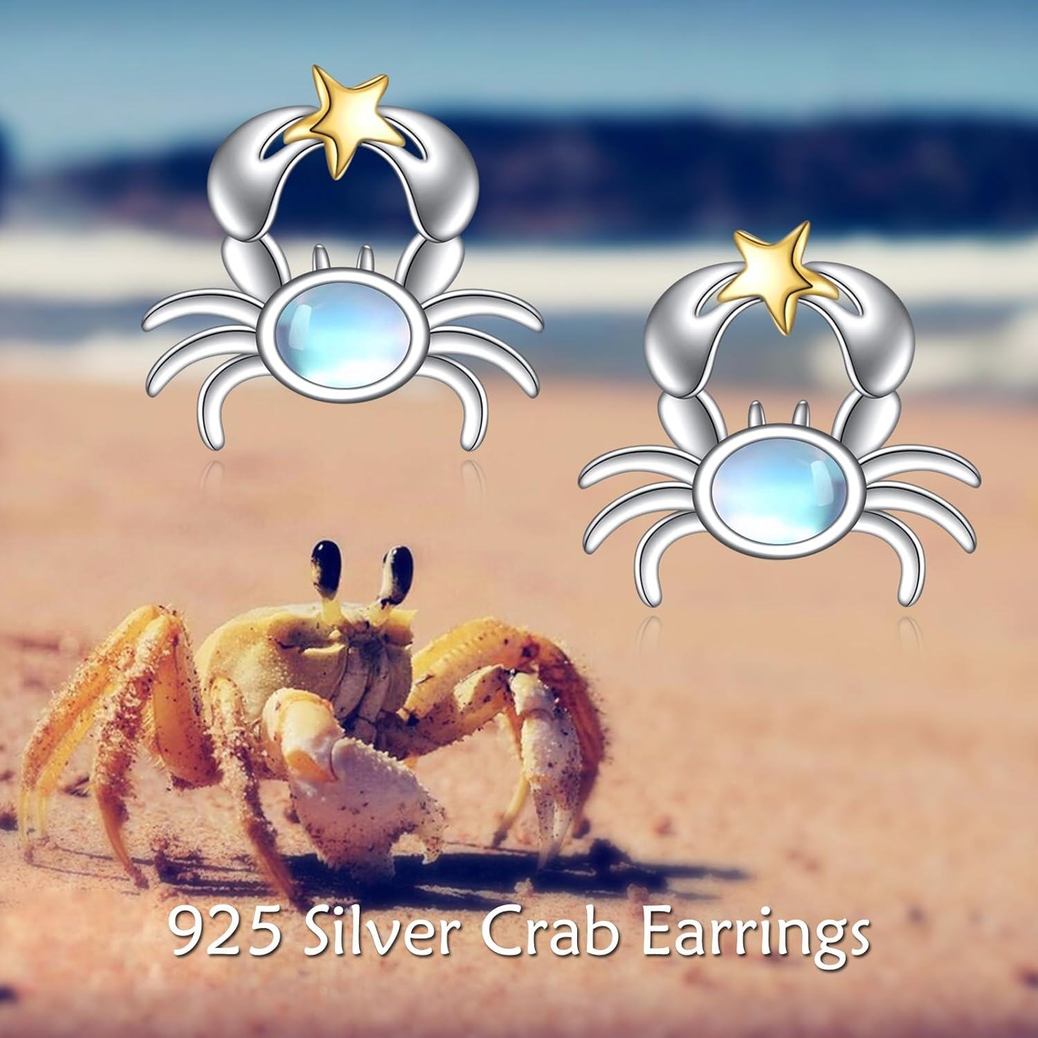 925 Sterling Silver Starfish Stud Earrings with Blue Stone and Gold Accents-0-1