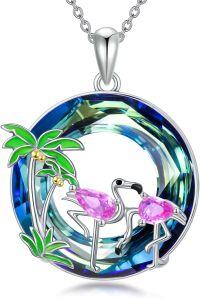 wholesale 925 Sterling Silver Flamingo Palm Tree Round Crystal Pendant Necklace-Two flamingos