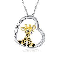 wholesale 925 Sterling Silver Giraffe Pendant Necklace with Engraved I Love You Forever and Crystal Accents-Giraffe
