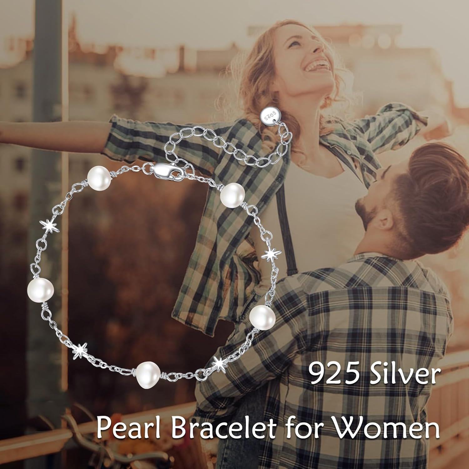 925 Sterling Silver Pearl Star Charm Bracelet Gift for Mom-0-2