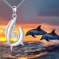 wholesale 925 Sterling Silver Double Dolphin Heart Cubic Zirconia Platinum Plated Pendant Necklace-0-4