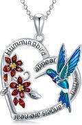 wholesale Silver Ruby Hummingbird Necklace Heart Pendant with Red Flower-0-0
