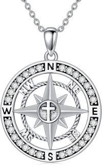 wholesale 925 Sterling Silver Compass Musical Graduation Cap Pendant Necklace with Cubic Zirconia and Cross Design-D3-Compass-Cross