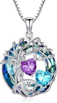 wholesale 18K White Gold Filled Sterling Silver Family Tree Pendant with 2 Heart Birthstones Blue Austrian Crystal Necklace for Women-02-03-Feb- Mar birthstone