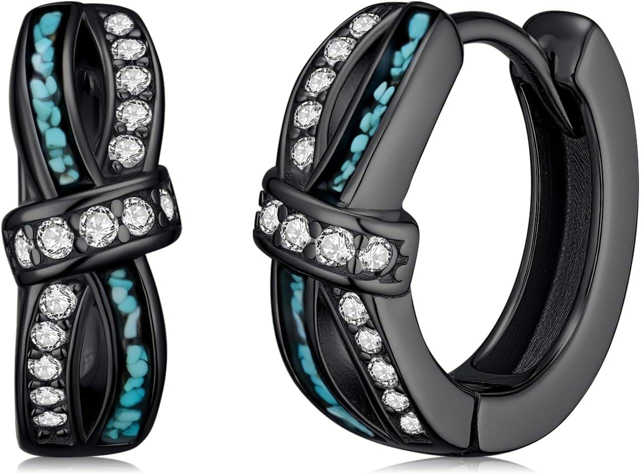 wholesale Black 925 Sterling Silver Turquoise & Crystal Hoop Earrings 15mm - Hypoallergenic  for Women and Men-0-0