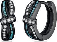 wholesale Black 925 Sterling Silver Turquoise & Crystal Hoop Earrings 15mm - Hypoallergenic  for Women and Men-Black-Turquoise