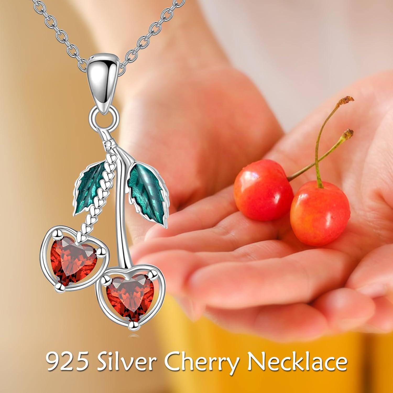 925 Sterling Silver Cherry Heart Pendant Red Crystal Fruit Charm Necklaces for Women Gifts-0-5