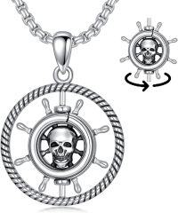 wholesale 925 Sterling Silver Ship Wheel Skull Pendant Necklace for Women and Men-Pirate