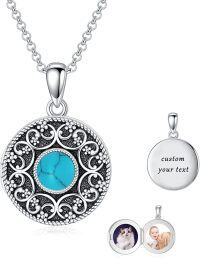 wholesale Sterling Silver Round Picture Locket Necklace Holds 2 Photos Jewelry Gift-Turquoise Locket Only+Photo+Text-Turquoise Locket Only