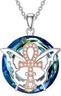 wholesale TOUPOP Butterfly Necklace For Women Sterling Silver Rose Gold Ankh Cross Pendant Necklaces With Blue Crystal Butterfly Gifts Jewelry For Her Wife Mom Birthday Valentine's Day -0-0