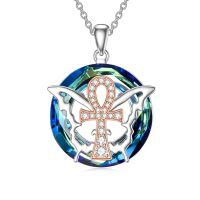 TOUPOP Sterling Silver Rose Gold Blue Crystal Butterfly Ankh Cross Pendant Necklace-undefined