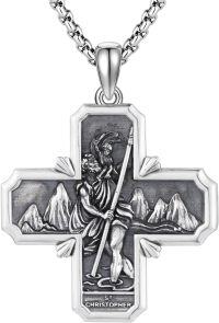 wholesale 925 Sterling Silver St Christopher Cross Medal Necklace Pendant with Mountain Scene and Angel Design -10f-St Christopher-Cross-10f-St Christopher-Cross