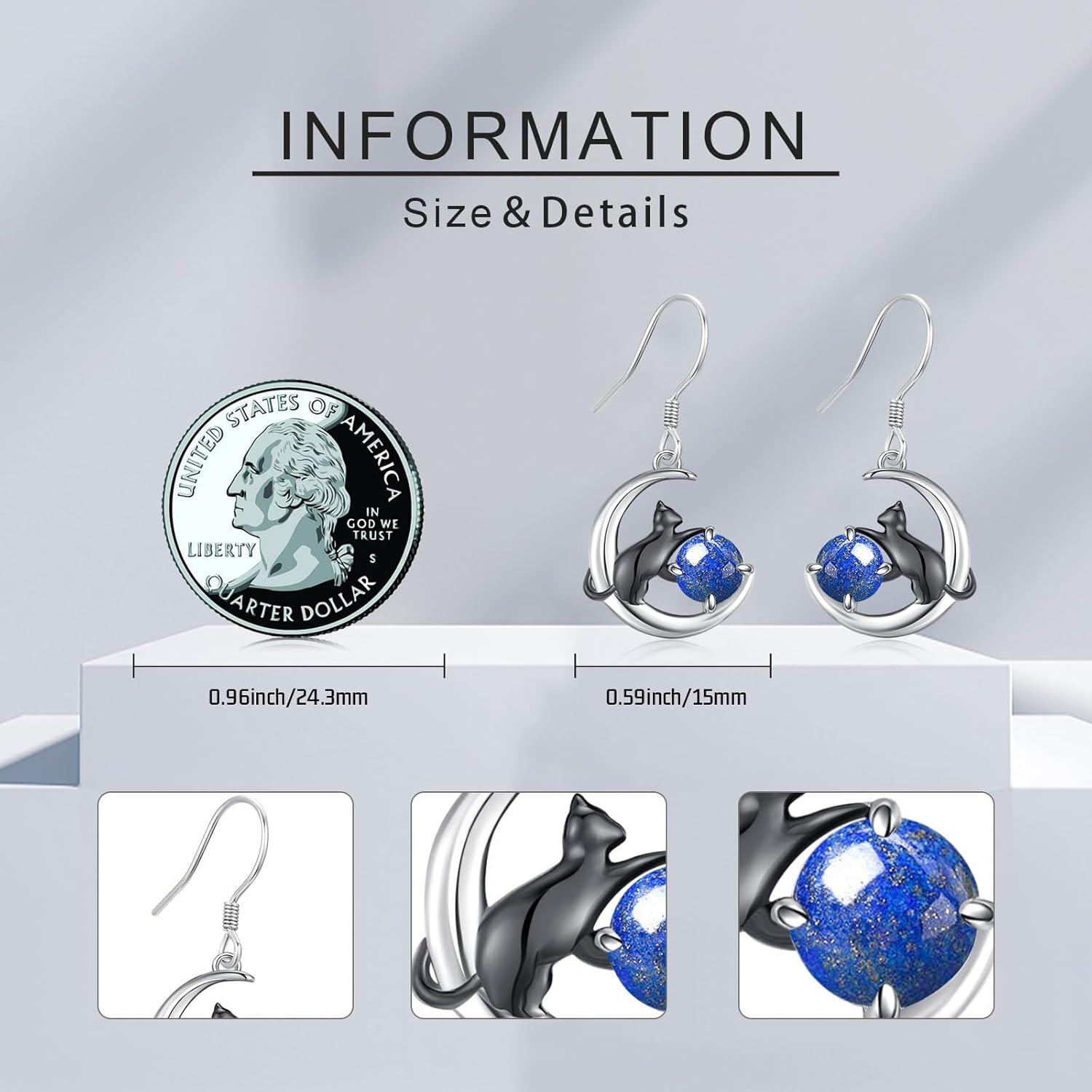 wholesale 925 Sterling Silver & Lapis Lazuli Enchanting Cat Earrings - Black Cat on Moon-0-1
