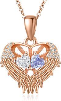 wholesale Sterling Silver 2 Birthstones Angel Wings Necklace for Women-04-06-Apr-Jun