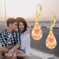 wholesale 925 Sterling Silver Pink Pressed Flowers Gold Leaf Drop Leverback Earrings-0-2