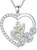wholesale 925 Sterling Silver Butterfly & Rose Heart Pendant Necklace for Women-0-0