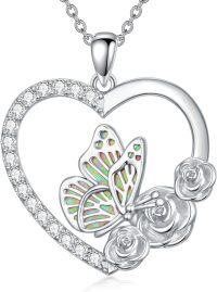 wholesale 925 Sterling Silver Butterfly & Rose Heart Pendant Necklace for Women-Butterfly Rose Heart