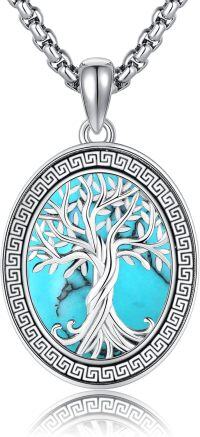wholesale Sterling Silver Greek Key Tree of Life Pendant Necklace for Women Men-Turquoise