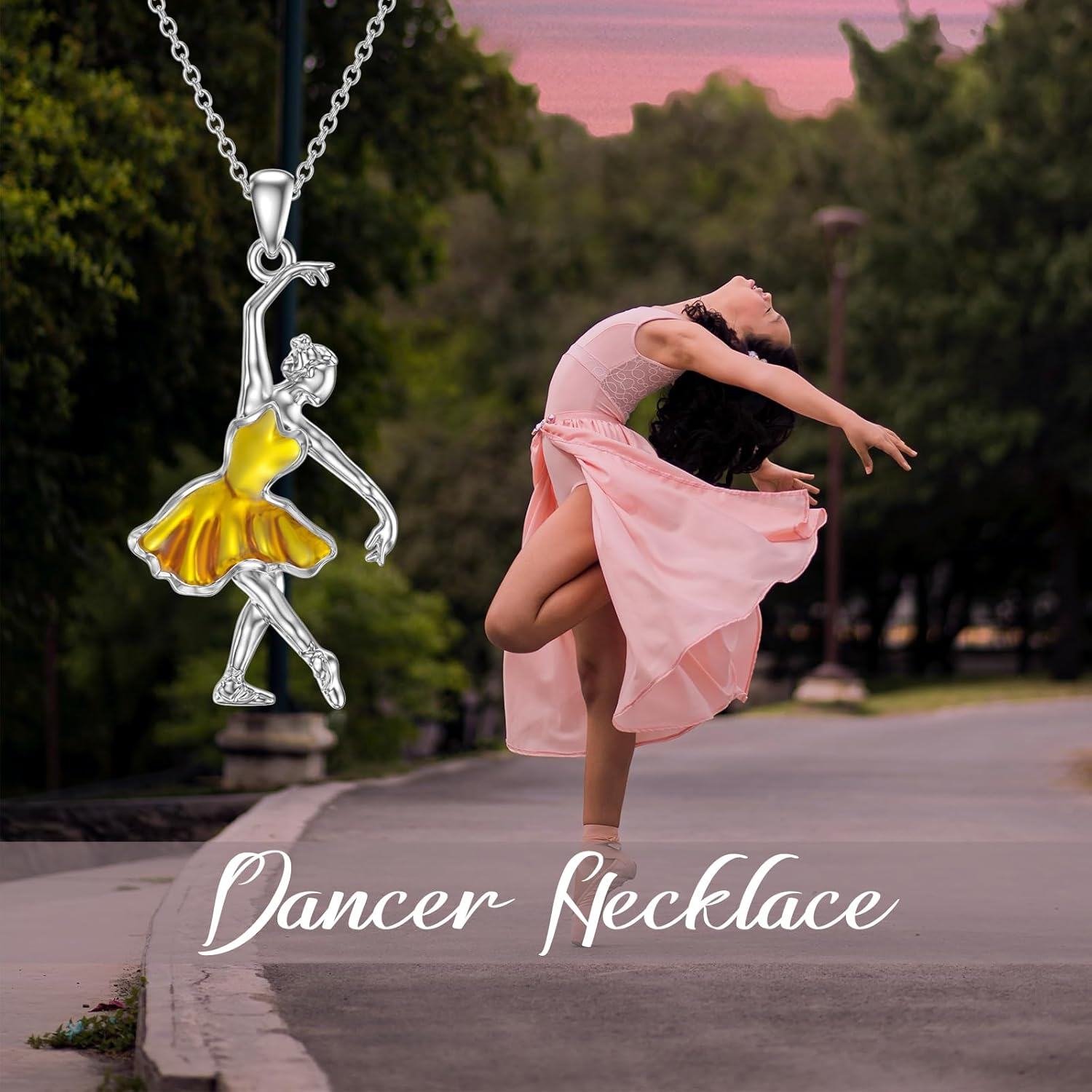 925 Sterling Silver Yellow Enamel Ballet Dancer Pendant Necklaceèèåå é¡¹é¾å¥³ç¤¼ç©å£è¯èé¥°å-0-5