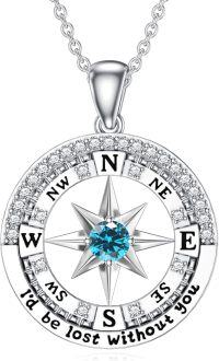 wholesale Sterling Silver Compass Birthstone Necklace  I d Be Lost Without You Pendant Jewelry for Women-Sky Blue
