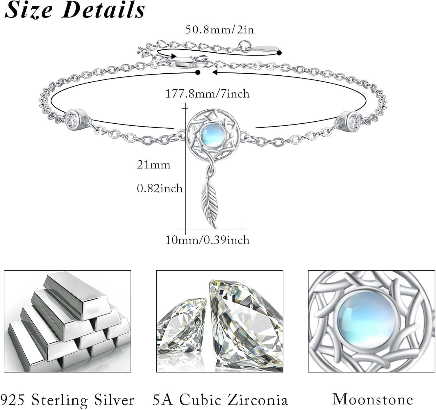 wholesale 925 Sterling Silver Moonstone Feather Dreamcatcher Bracelet - Adjustable 7-8-0-4