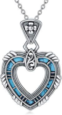 wholesale Sterling Silver Turquoise Heart Pendant Necklace with Oxidized Floral Carving & Adjustable Chain-Turquoise heart