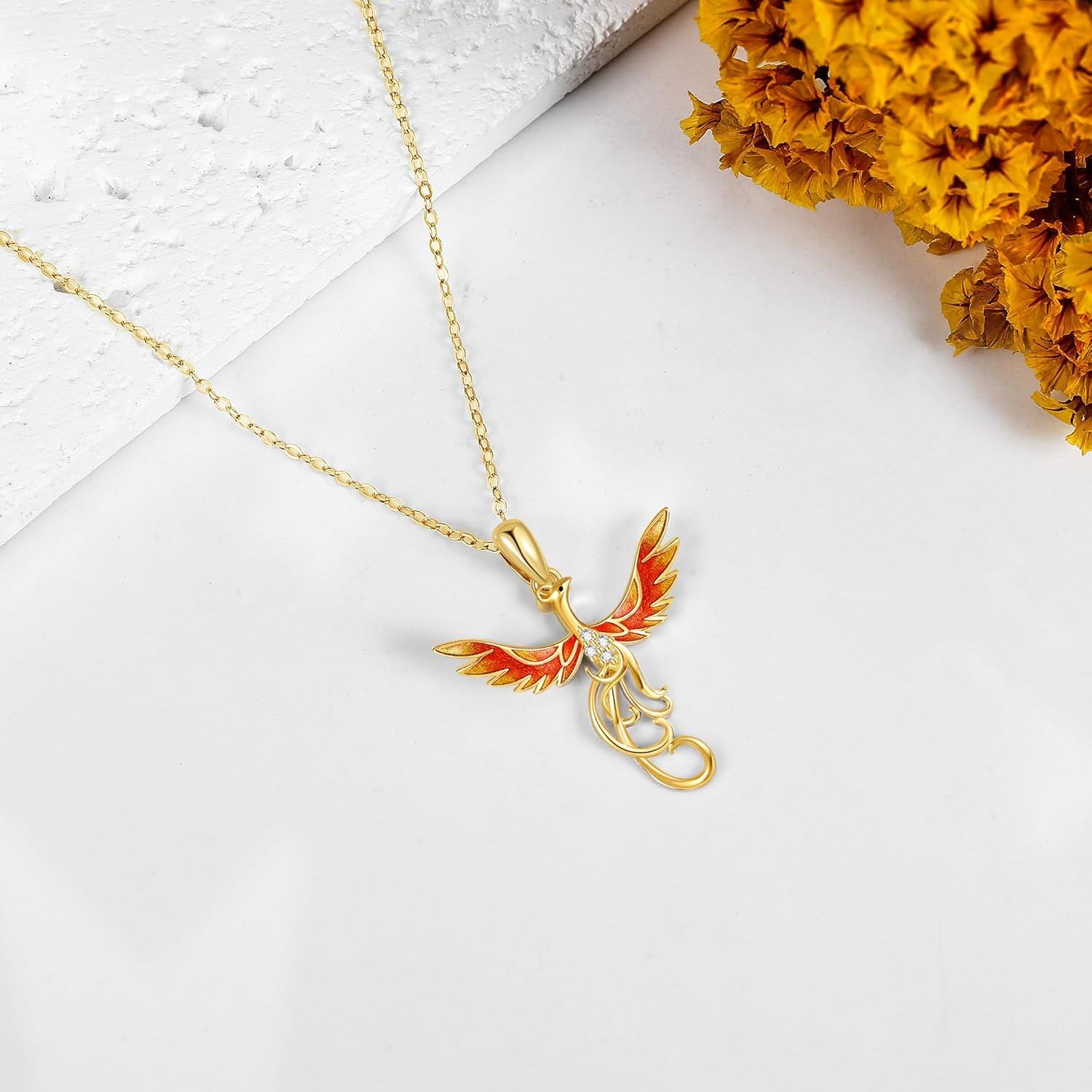 14K Gold Stone Phoenix Necklace Solid 14K Yellow Gold Nirvana Bird Jewelry Gift for Women-0-5