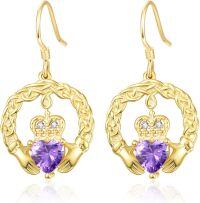 wholesale 18K Gold Plated 925 Sterling Silver Claddagh Birthstone Earrings for Women Irish Celtic Jewelry Gifts-02-February-Lab Created Amethyst