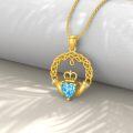wholesale 14K Gold Heart-Shaped Blue Crystal Crown and Hands Celtic Knot Claddagh Pendant Necklace for Women-0-1