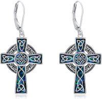 wholesale 925 Sterling Silver Celtic Knot Abalone Shell & Malachite Cross Dangle Leverback Earrings for Women Irish Catholic Christian  Ideas-Drop