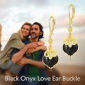 wholesale Gold-Plated 925 Sterling Silver Black Onyx Heart-Shaped Filigree Drop Earrings-0-5