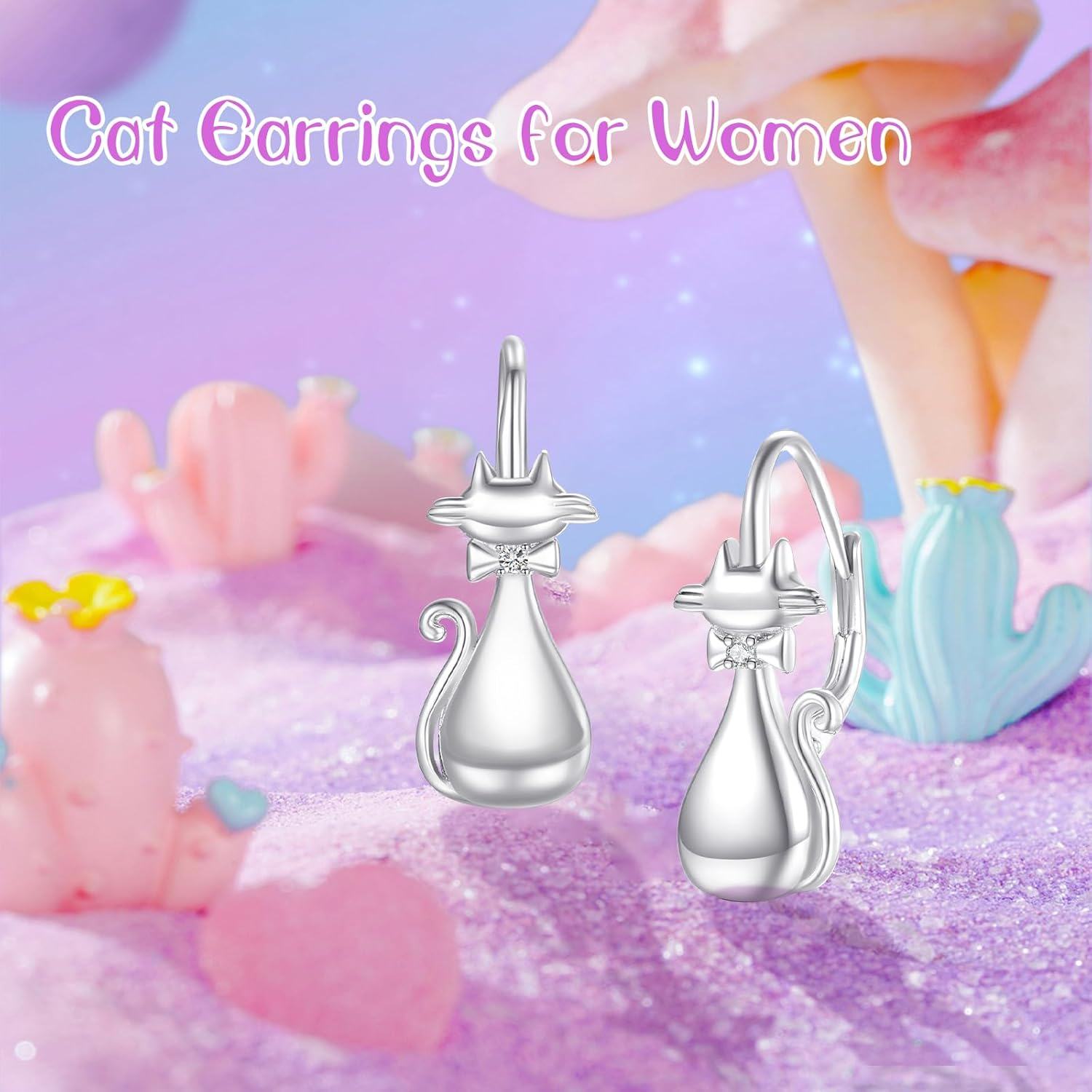 925 Sterling Silver Cat Shape Hypoallergenic Leverback Dangle Earrings with Bow Tie Accents for Women-0-1