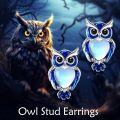 wholesale 925 Sterling Silver Owl Stud Earrings with Blue Enamel and Moonstone Gemstones - Fashionable Gift for Women-0-5