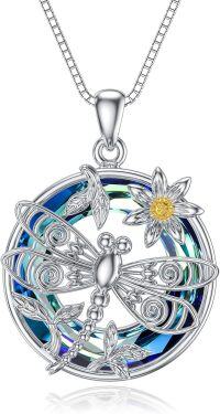 wholesale 925 Sterling Silver Dragonfly Blue Crystal Flower Pendant Necklace for Women-Dragonfly