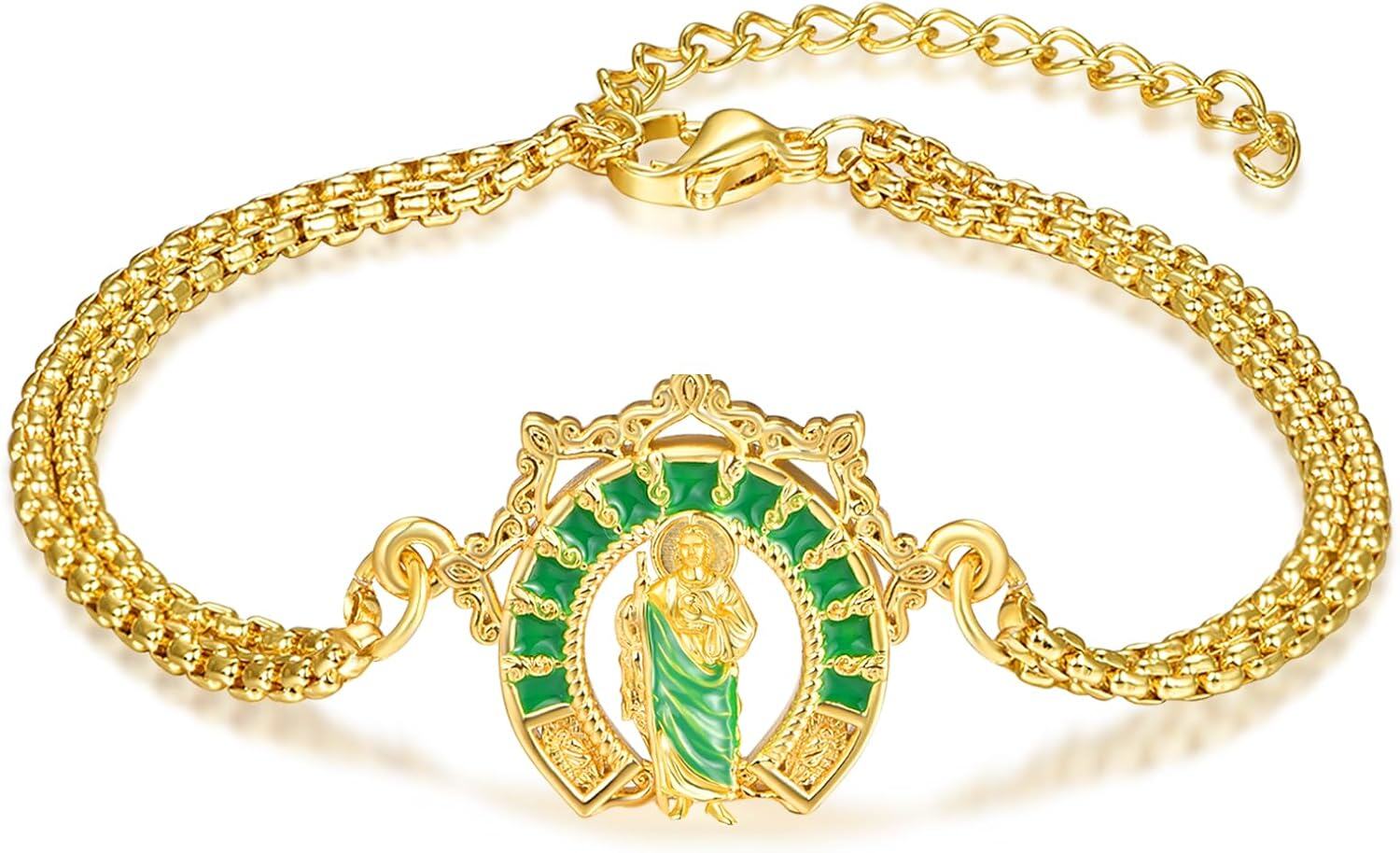 wholesale Gold 925 Sterling Silver Religious Charm Bracelet with Green Stone and St. Jude Pendant for Women & Men-0-0