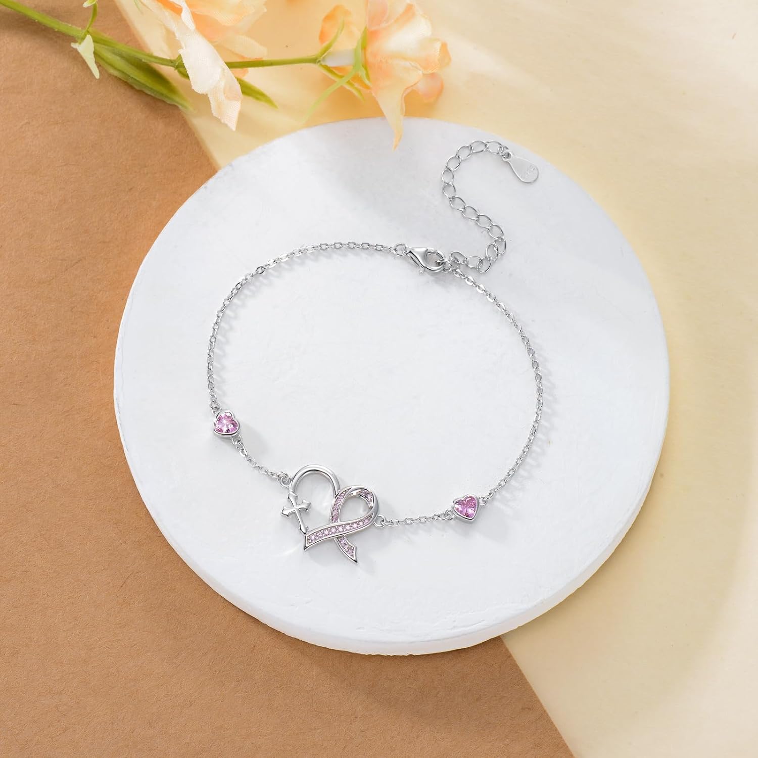 wholesale 925 Sterling Silver Pink Ribbon Heart Cross Charm Bracelet for Women Girls -0-3