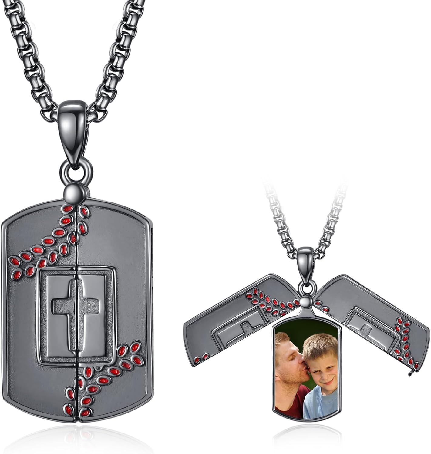 Sterling Silver Black Locket Necklace for Men Cross Pendant Jewelry Gift-Baseball
