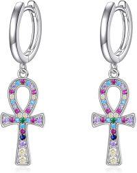 wholesale 925 Sterling Silver Multicolor Crystal Egyptian Ankh Cross Drop Earrings  for Women-ankh