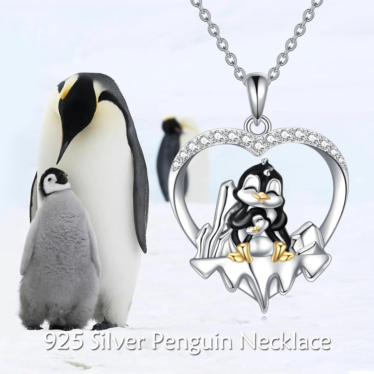 Sterling Silver Snowflake Penguin Heart Pendant Necklace for Women-0-3