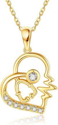 wholesale 14K Gold Heart-Shaped Diamond Pendant with Stethoscope Design and Hamsa Hand Charm Necklace for Women-Stethoscope