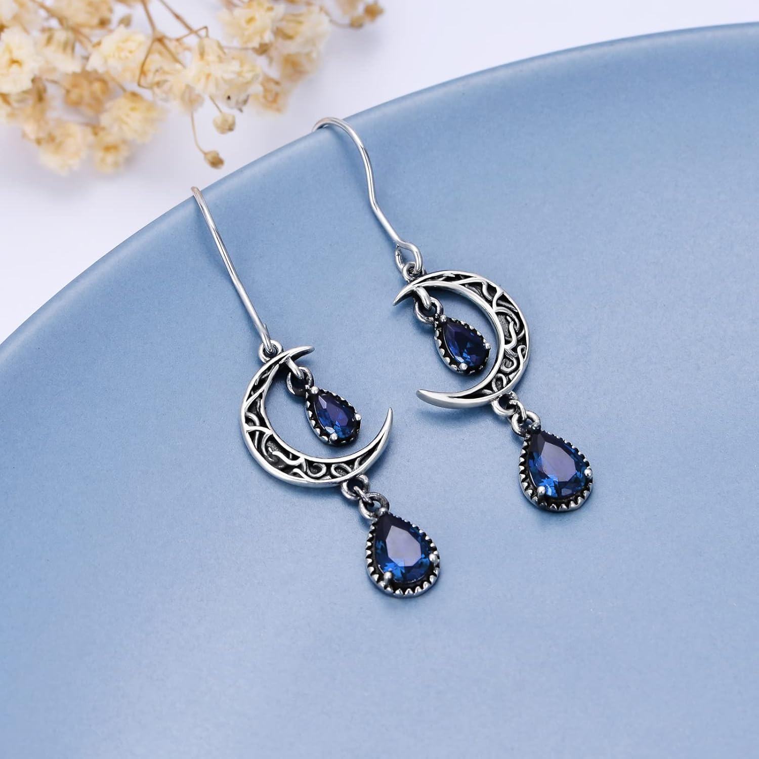 925 Sterling Silver Crescent Moon Drop Earrings with Blue Stones and Antique Finish-0-2