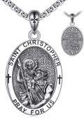wholesale 925 Sterling Silver Oval Saint Christopher Medal Pendant with Cross Chain Mens Prayer Necklace Catholic Christian Gifts 3D Relief Pray For Us Charm Jewelry Accessories -0-0