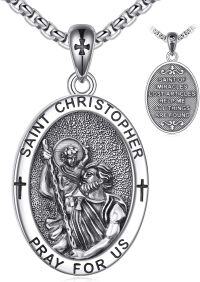 wholesale 925 Sterling Silver Oval Saint Christopher Medal Pendant with Cross Chain Mens Prayer Necklace Catholic Christian Gifts 3D Relief Pray For Us Charm Jewelry Accessories -Christopher