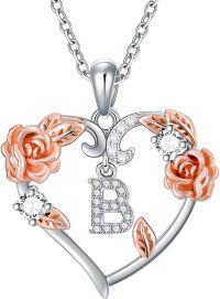 wholesale 925 Sterling Silver Zircon Rose Heart Initial Letter Pendant Necklace for Women-B