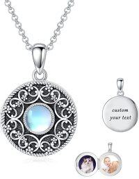 wholesale Sterling Silver Round Picture Locket Necklace Holds 2 Photos Jewelry Gift-Moonstone Locket Only-Moonstone Locket Only+Photo+Text