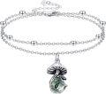 wholesale 925 Sterling Silver Green Moss Agate & Pearl Double Layered Mushroom Charm Ankle Anklet for Women and Girls-0-0