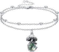 wholesale 925 Sterling Silver Green Moss Agate & Pearl Double Layered Mushroom Charm Ankle Anklet for Women and Girls-Mushroom-MossAgate